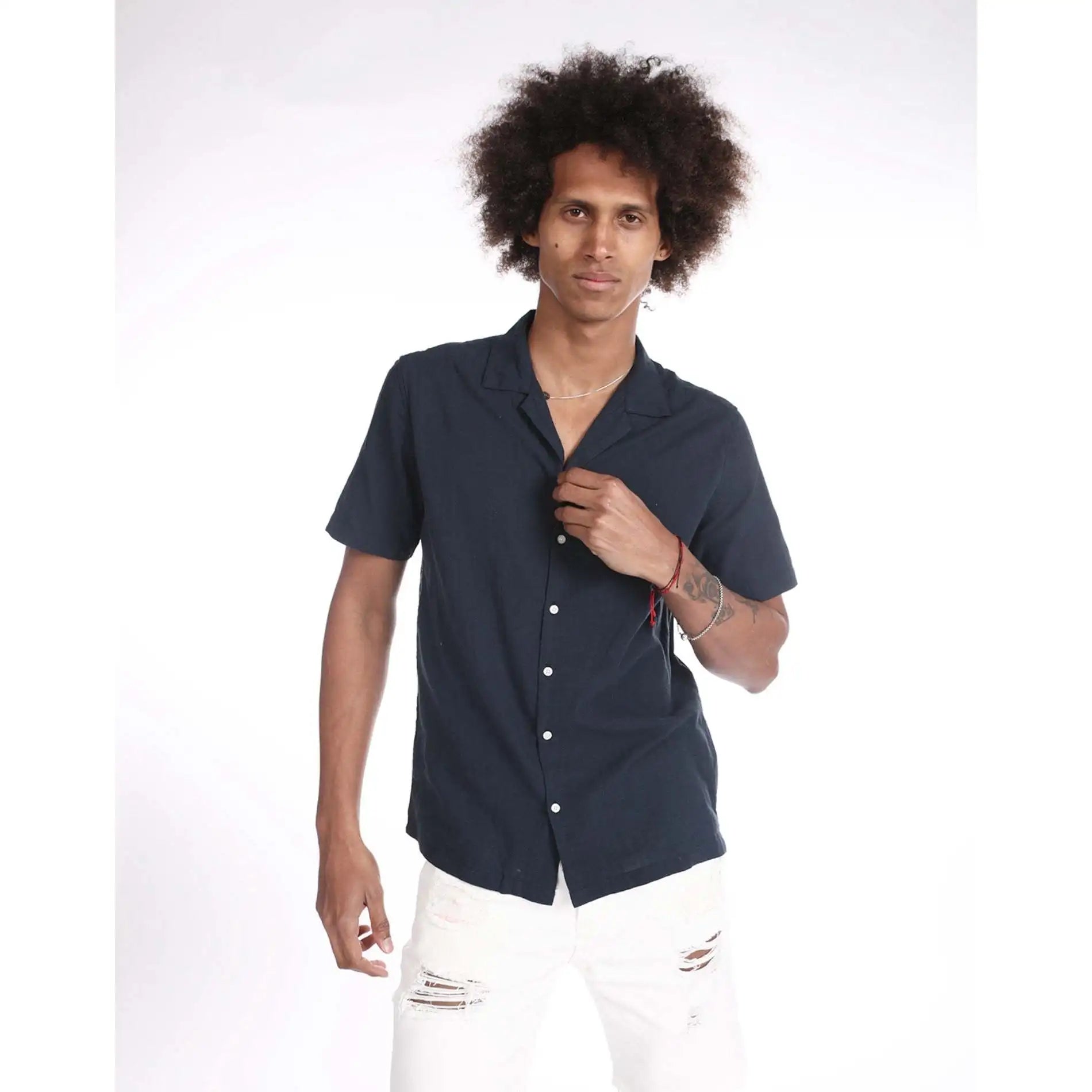Side Slits Empire Waist Casual Navy Blue 100% Cotton Summer Breathable Men's Shirt Size S Imperio Shop