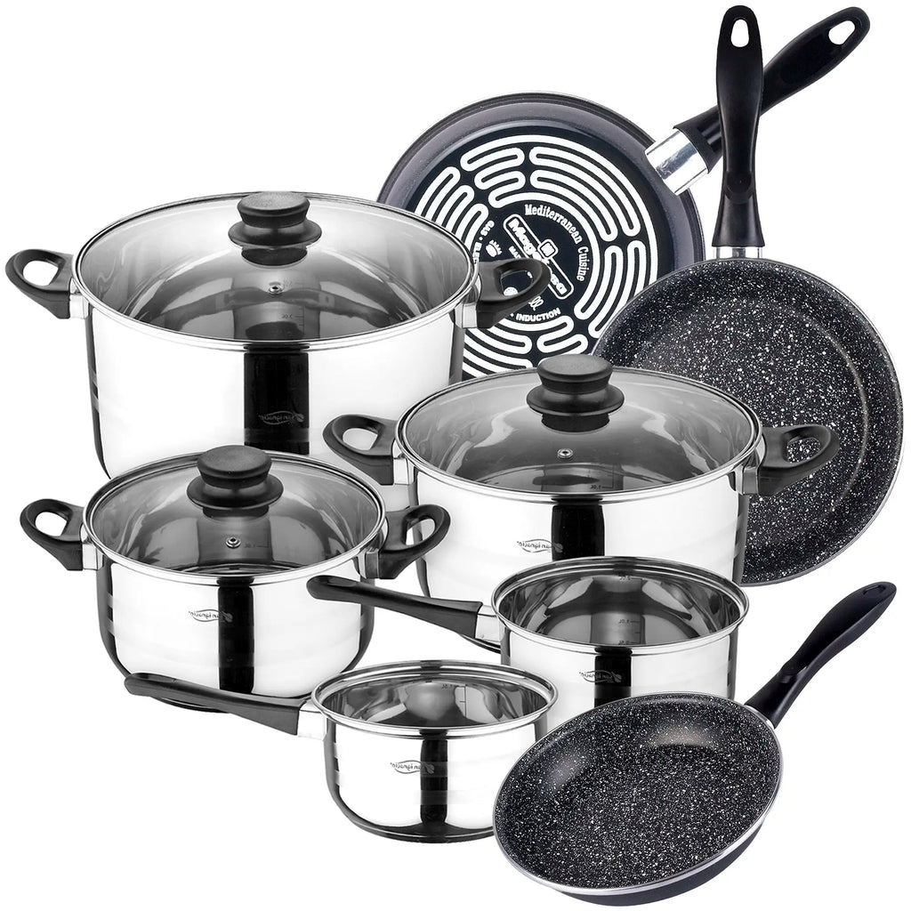 SAN IGNACIO Toledo 8-piece stainless steel cookware set with MAGEFESA K2 Gransasso enamelled steel frying pans (18/20/24 cm)