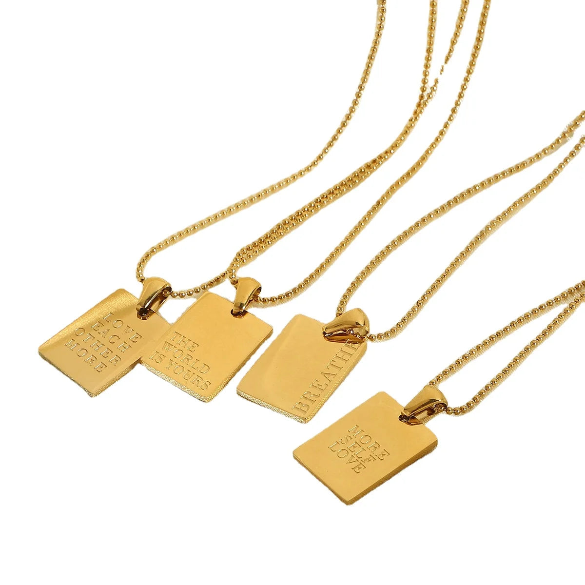 Stainless Steel Inspirational Necklace 18K Gold Plated Engraved Square Dainty Pendant Letters Bead Chain Necklace