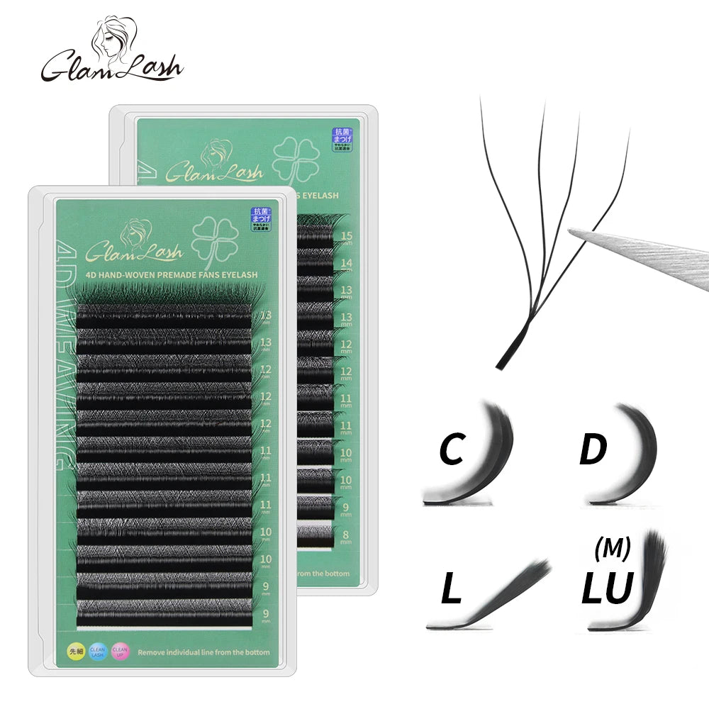 Your Brand Custom Logo Synthetic Fiber 12 Rows Custom Pre-made Fans 4D w Shape Lashes Volume Eyelash Extensions