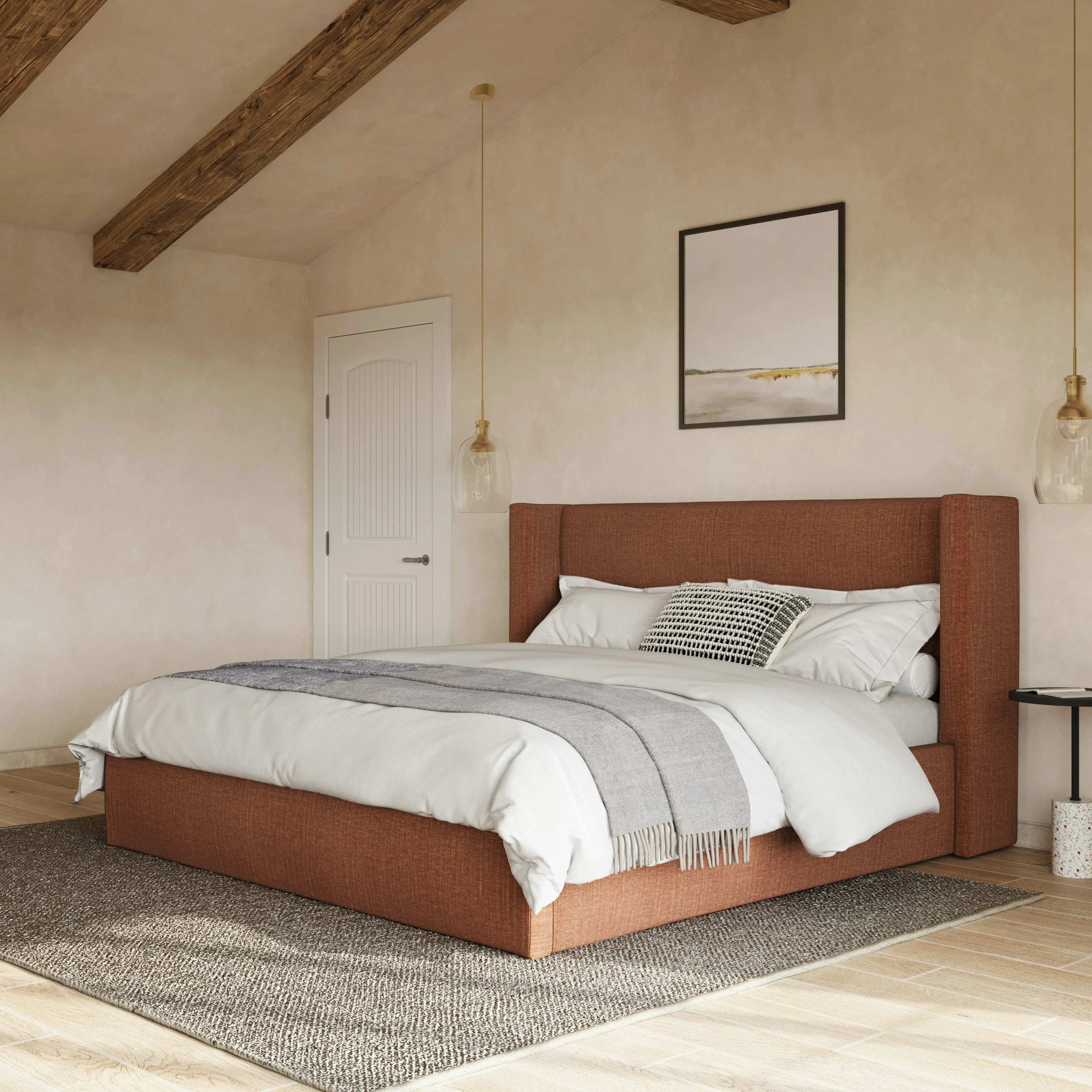 Wholesale Bedroom Furniture Strong Quality Lambswool Bed Upholstered Double Size Bed Fabric Plywood Modern Hotel Bed Headboard