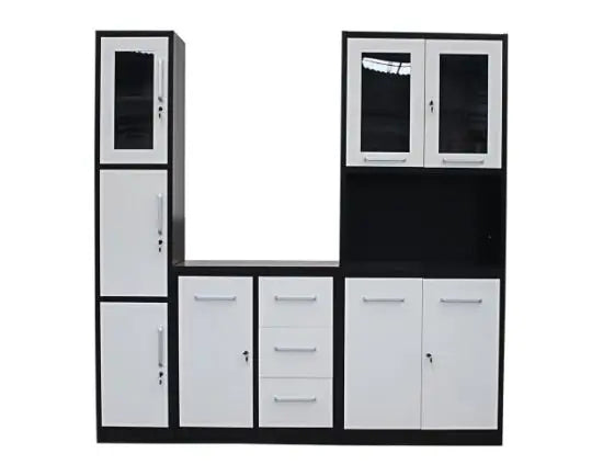 L Shaped Modular Metal Combined Steel Kitchen Buffet Cupboard with Glass Doors & Drawers MegaBDM