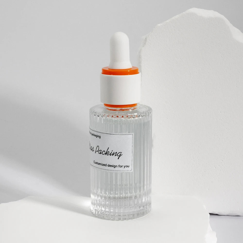 Custom Logo Vertical Grain Premium Two Layers Lid 30ml 50ml Essential Serum Glass Dropper Bottle With Box for Oil