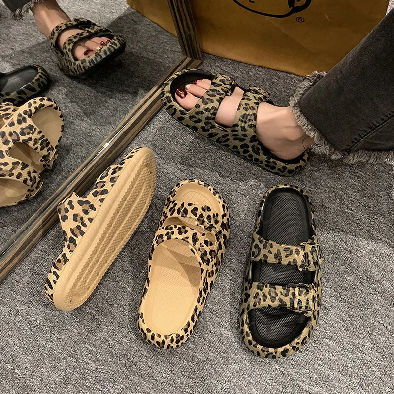 2024 New Fashion Spring Summer Ladies Leopard Print Platform Open Toe Outdoor Beach EVA Flat Light Weight Anti-Slippery