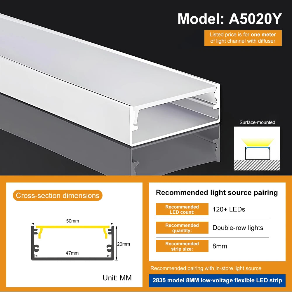 ESann A5020Y Scandinavian European Style Covered Aluminum Profile LED Strip Light Channel with 5mm Compatibility Line Shape