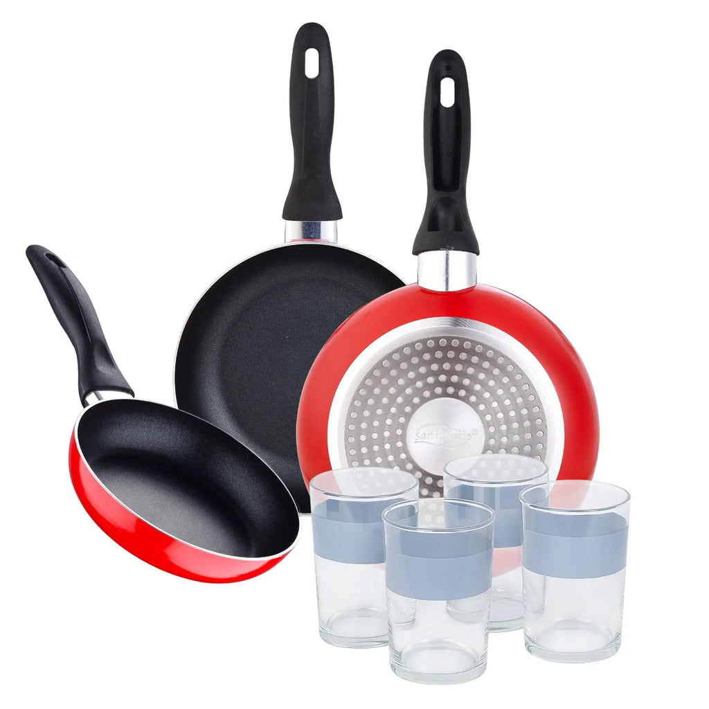 San Ignacio 3-piece frying pan set 16/20/24 cm + 4-piece 0.5L glass set