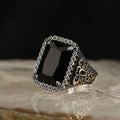 Azuris Custom Logo 925 Sterling Silver Ottoman Style Men's Ring Naturel Black Stone Handmade in Turkey VALKH1487