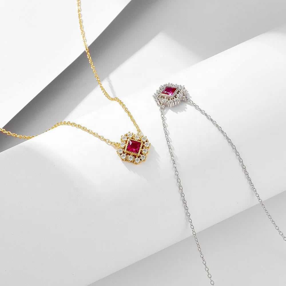 Fashion Jewelry 14K Gold Plated Cubic Zirconia 925 Sterling Silver Chain Red Created Ruby Pendant Necklace for Women Wife Gift