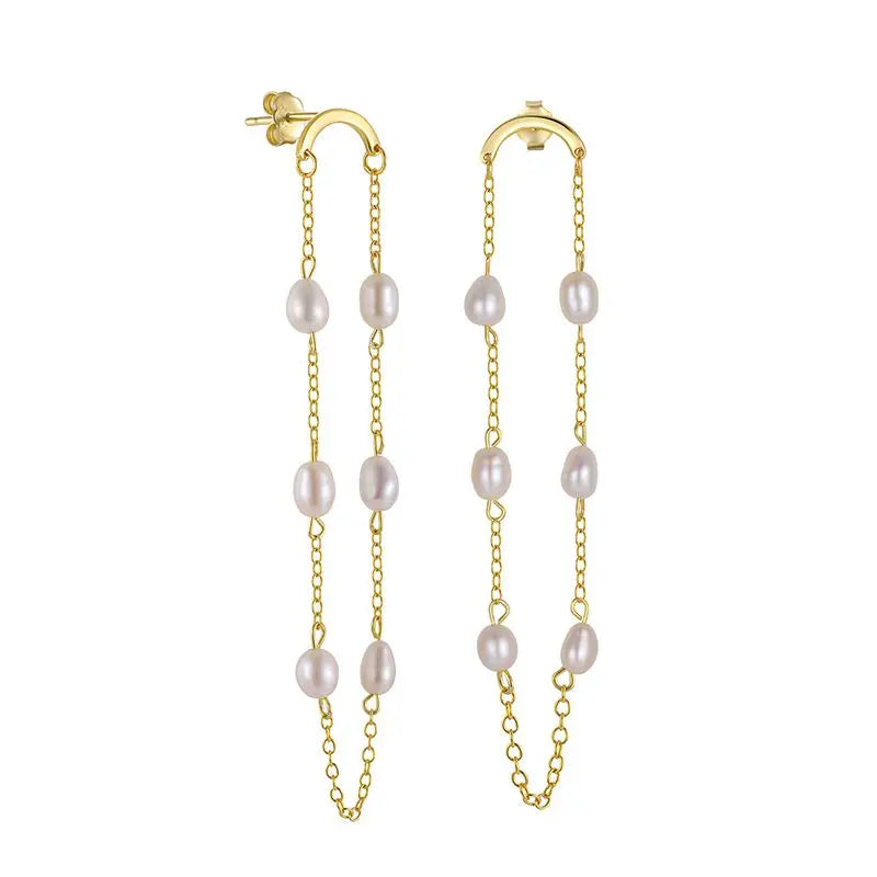 Elegant Fashion 925 Sterling Silver Tassels Pearl Chain Stud Earrings GOld Plated Jewelry Gift for Women