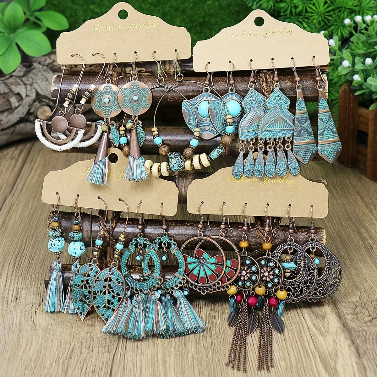 Wholesale 3Pcs/Set Vintage Bohemian Blue Turquoise Dropped Earrings for Women's Tassel Ethnic Geometry Fashion  Earrings