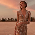 2025 New Arrival Women's Western Fashion Dress Deep V Sheer Long-Sleeve Short Cocktail Dress with Gold Splatter
