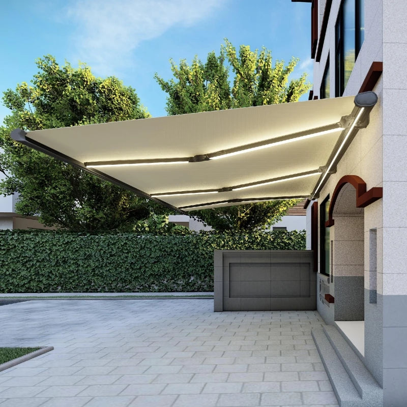 Outdoor Electric Retractable Canopy Roof Balcony Restaurant Cafe Custom Remote Control Awning Canopy Aluminum with LED Lights
