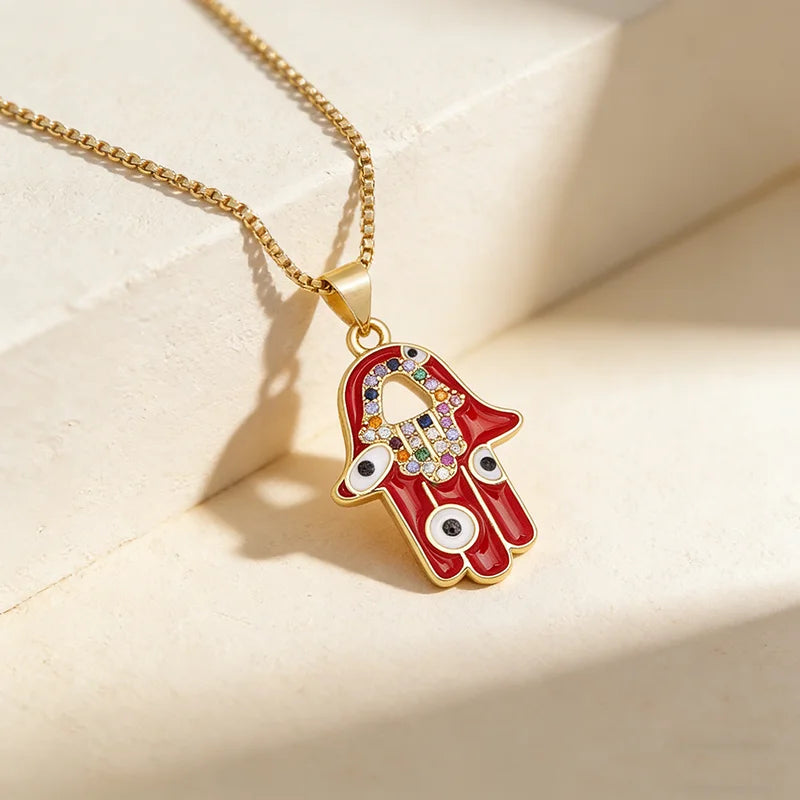 QIKU Eye Palm Hamsa God's Hand 3 Colors Pendant Women Necklace Copper Zircon Jewelry Accessory Gift Wholesale Dropshipping