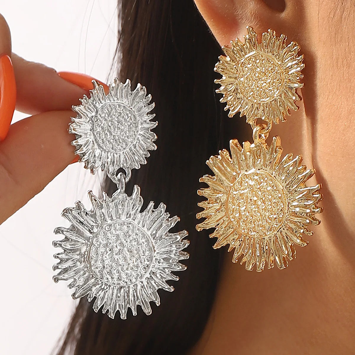 Exaggerated Full Diamond Sunflower Pendant Earrings Simple Style Multi-layer Tassel Earrings