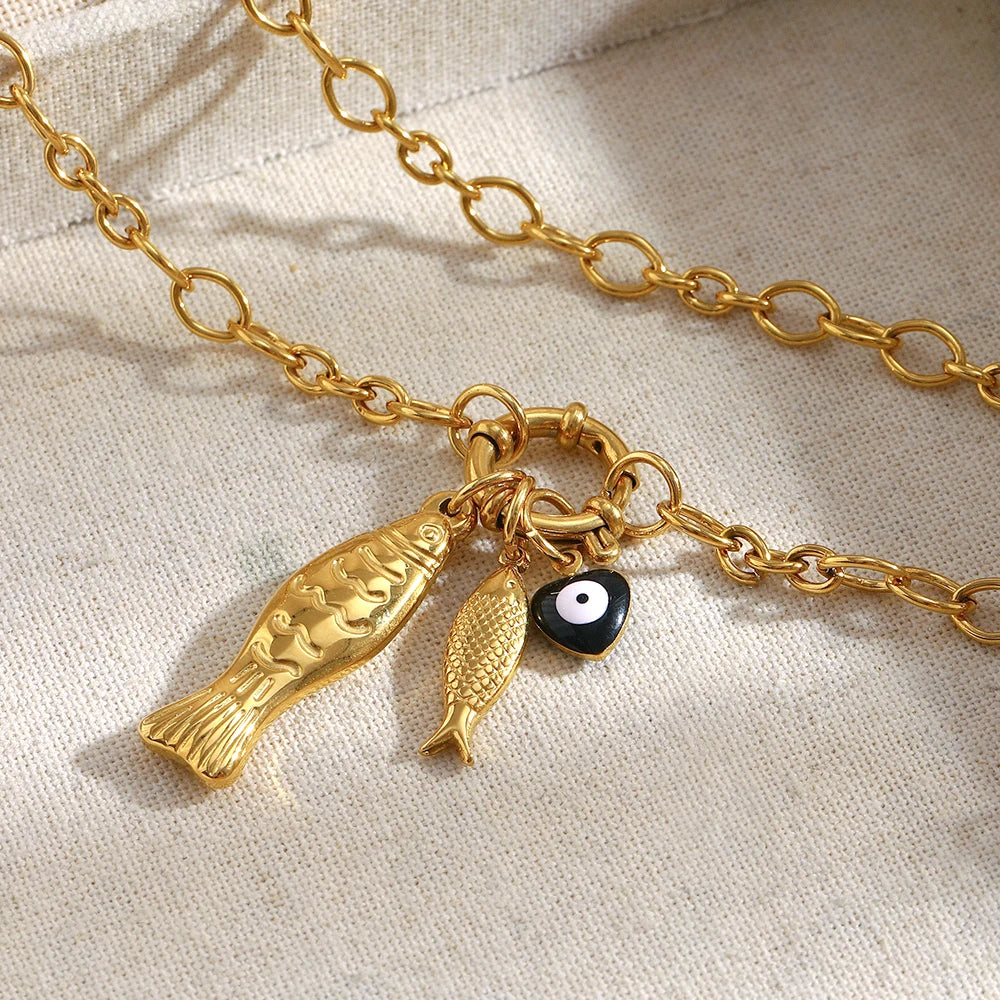 Dreamshow Fashion Pendant Necklace Fish Charm Necklaces Vintage Jewelry Gold Plated Stainless Steel Necklace