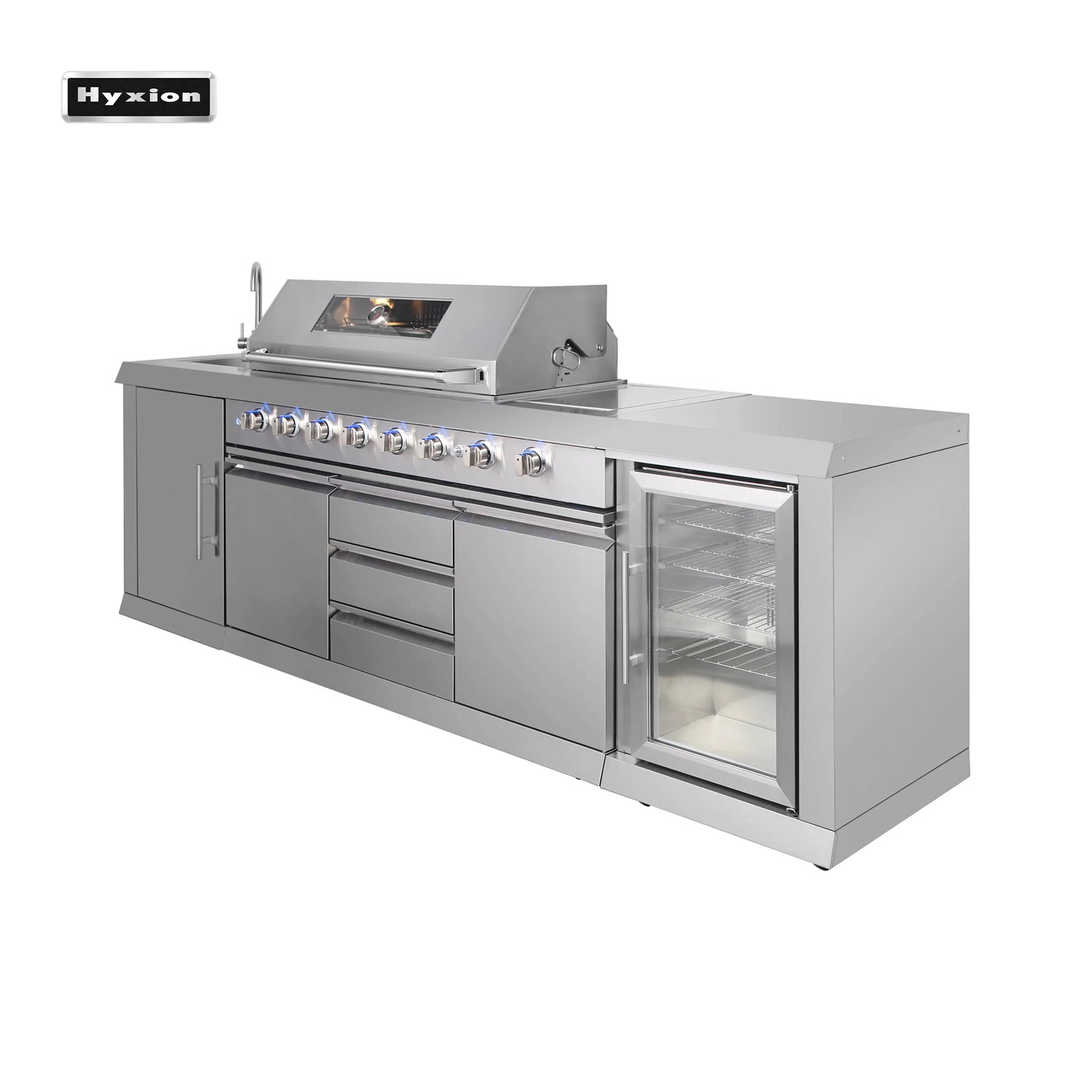 Outdoor Kitchen with 8 Burners 13000 BTU Gas Grill Stainless Steel Sink Cabinet & 3-Layer Grids Stainless Steel BBQ Grills