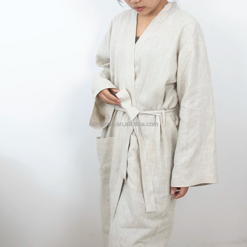 Custom Plus Size Stonewashed Linen Bath Robe Women Handmade Belgian 100% Flax Linen X 170gsm Robes