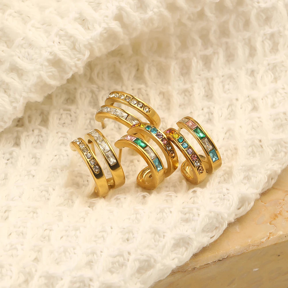 Dreamshow Dainty Double Layer Colorful Zircon Hoop Earrings 18k Gold Plated Waterproof Non Tarnish Stainless Steel Jewelry