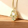 QIKU Hamsa Palm Pendant Hand Shape Women's Necklace 18K Gold Plated Trendy Colorful Rhinestone Best Gift Party Wedding Jewelry
