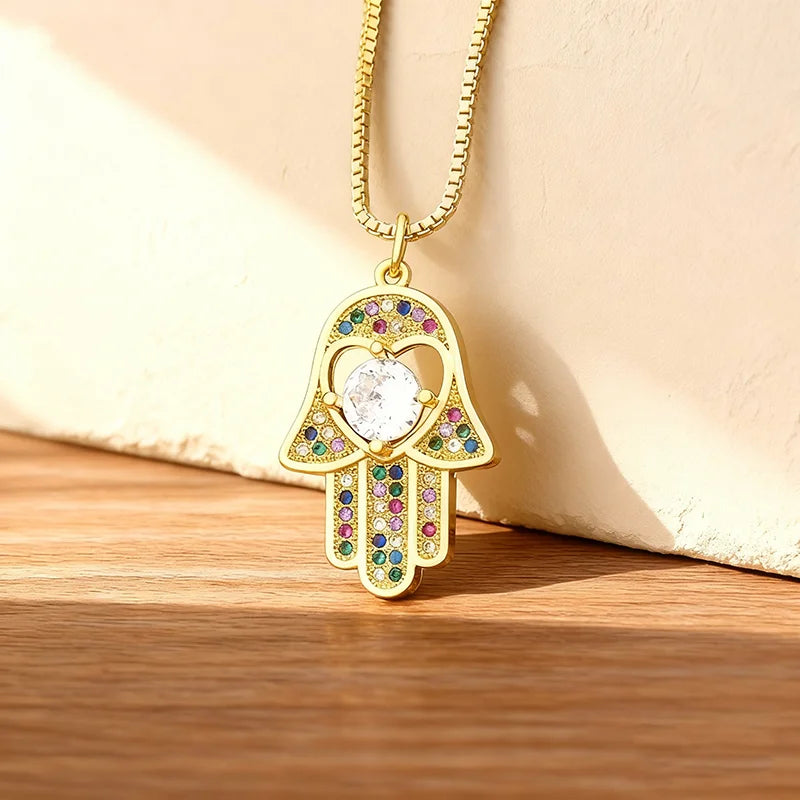 QIKU Hamsa Palm Pendant Hand Shape Women's Necklace 18K Gold Plated Trendy Colorful Rhinestone Best Gift Party Wedding Jewelry