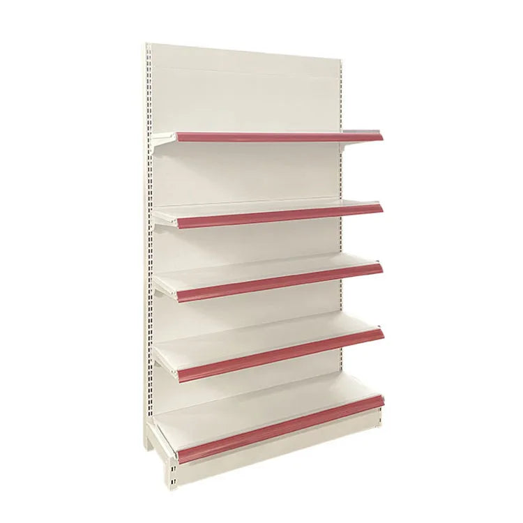 Xingye Factory's Custom Size Heavy Duty Metallic Pharmacy Shelves Gondola White Plate Back Red Price Bar for Grocery Store