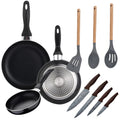 Navy Black frying pan set 16/20/24 cm. Pressed aluminum induction compatible with set of 4 kitchen knives stainless steel