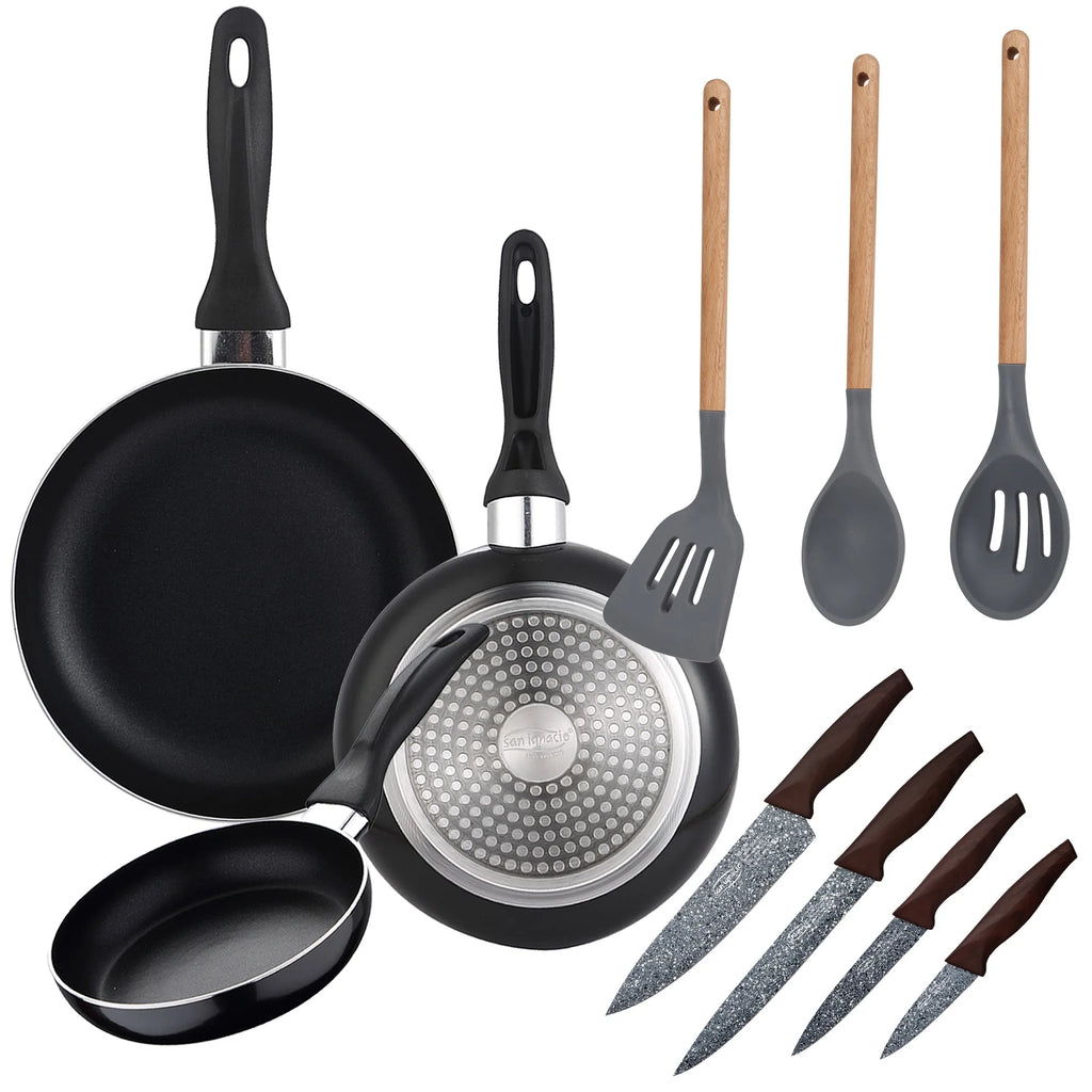 Navy Black frying pan set 16/20/24 cm. Pressed aluminum induction compatible with set of 4 kitchen knives stainless steel