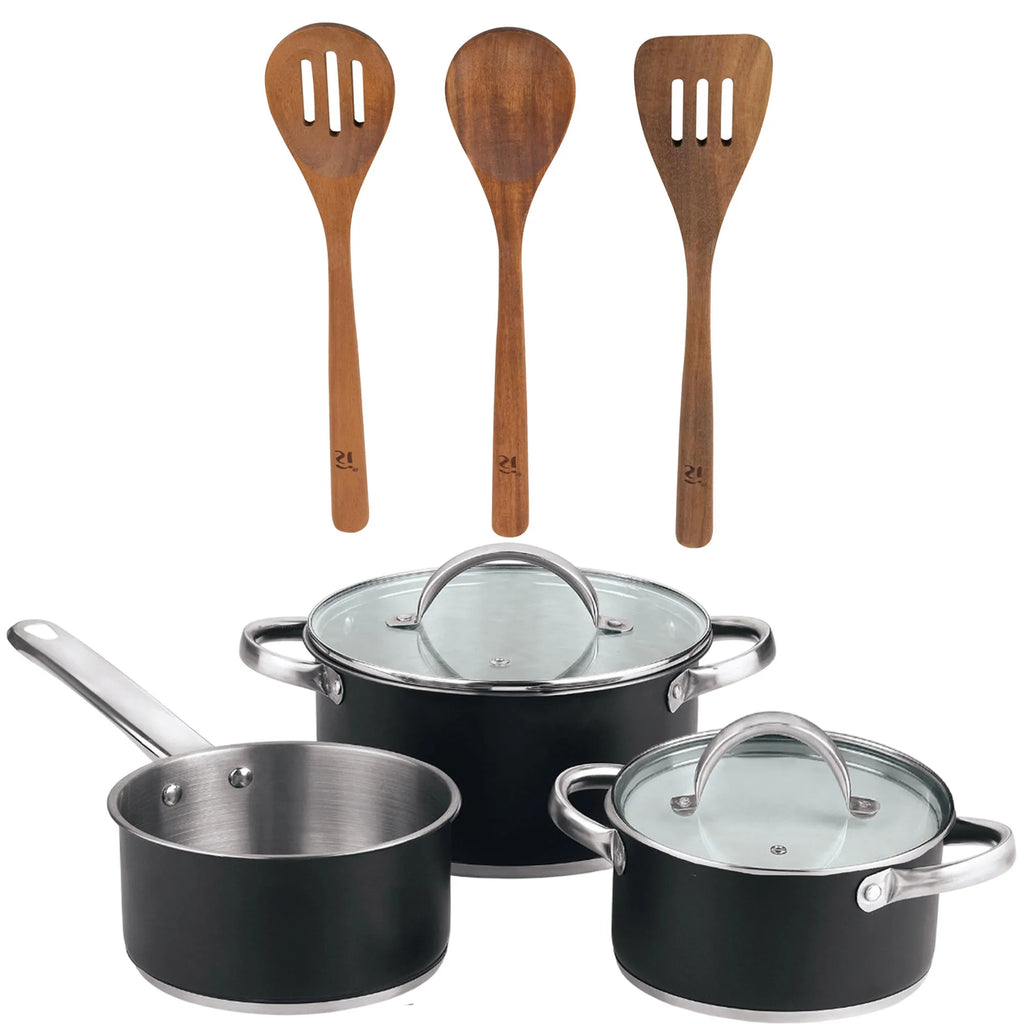 5-piece cookware set (2 saucepans with lids + saucepan) stainless steel with coating + San Ignacio AGROS 3-piece acacia wood