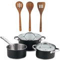 5-piece cookware set (2 saucepans with lids + saucepan) stainless steel with coating + San Ignacio AGROS 3-piece acacia wood