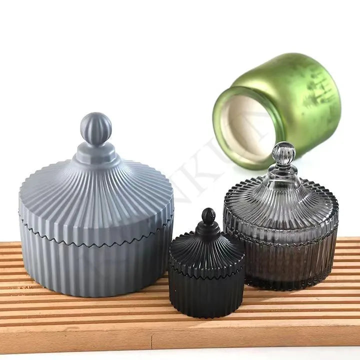 Creative 75ml Ribbed Amber Glass Candle Vessels With Glass Lid
