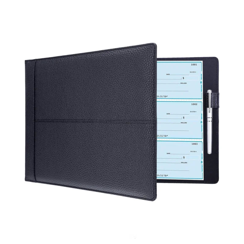 6 Pcs Black Thickened PU Leather Checkbook Binder with 7 Ring Combination and Zipper Bag