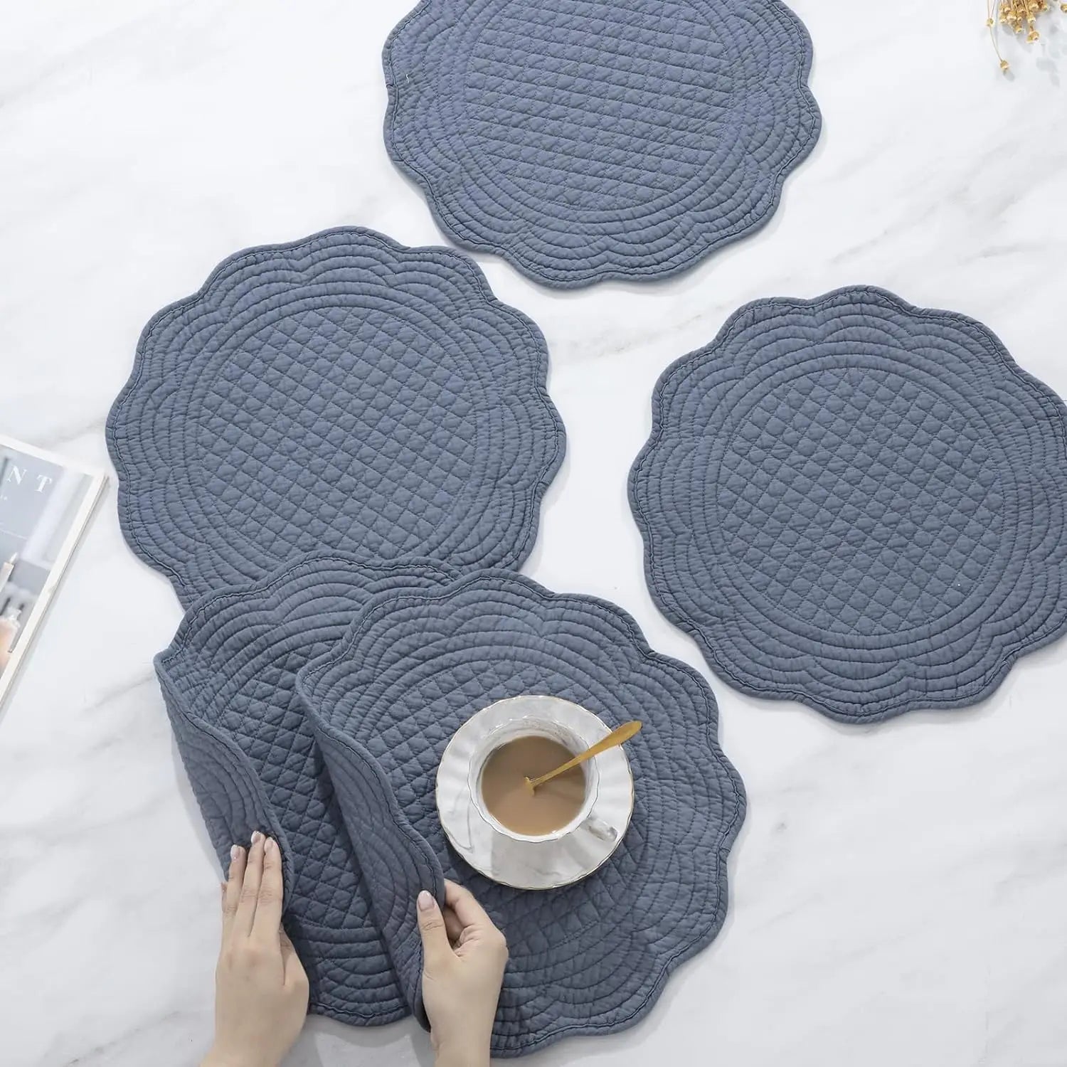 Quilted Placemats Washable Round Placemats for Kitchen Table-100% Cotton Fabric 14 Inch Round Table Mats