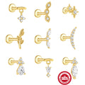 S925 Sterling Silver 18K Gold Plated Flat Back Threaded Cartilage Stud Earrings with Moon Leaf Flower Star Designs for Women