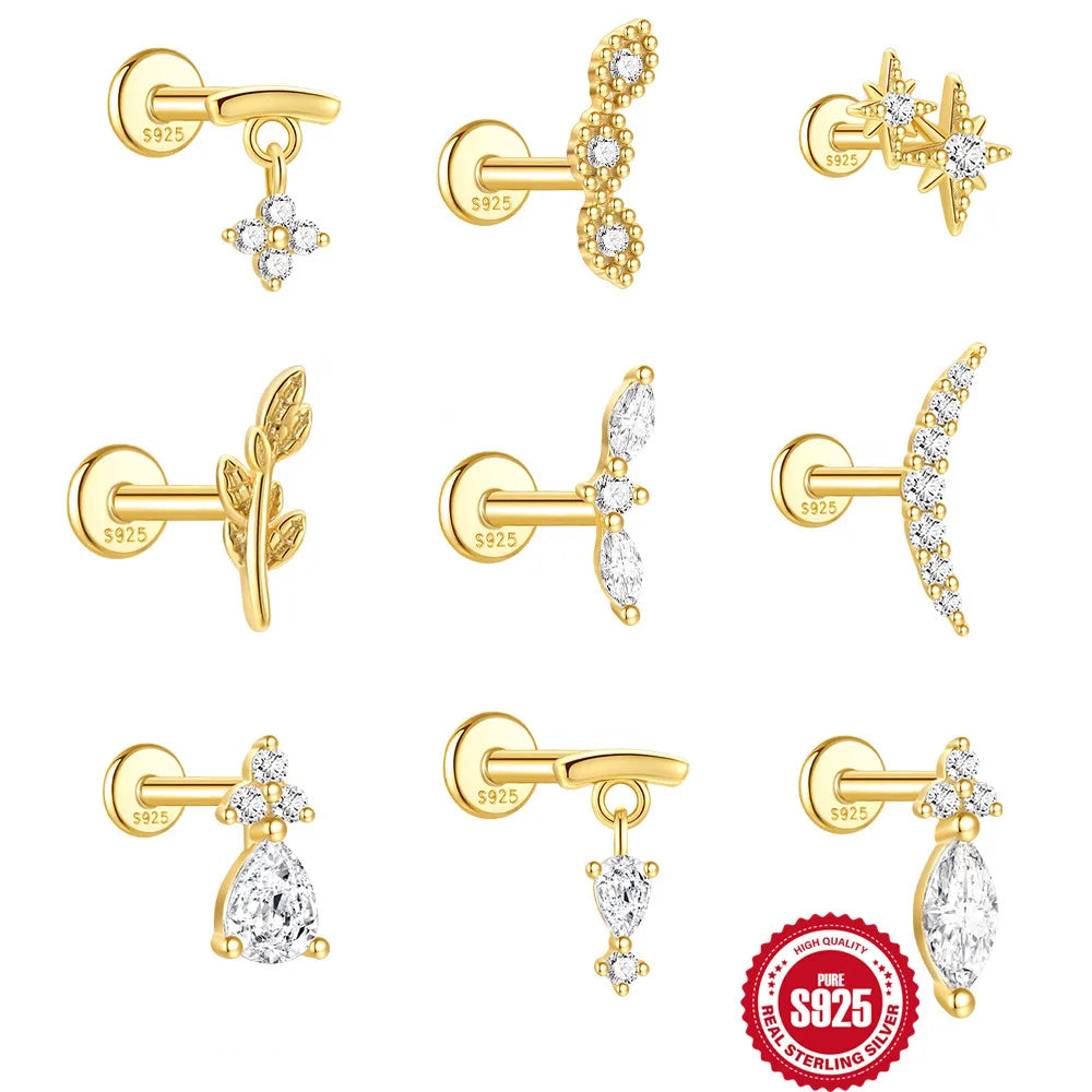 S925 Sterling Silver 18K Gold Plated Flat Back Threaded Cartilage Stud Earrings with Moon Leaf Flower Star Designs for Women