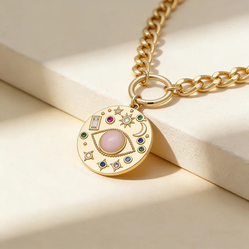 QIKU Romantic Colorful Rhinestone Eye Sun Star Pattern Pendant Women Necklace Copper Zircon Jewelry Accessories Gift Wholesale