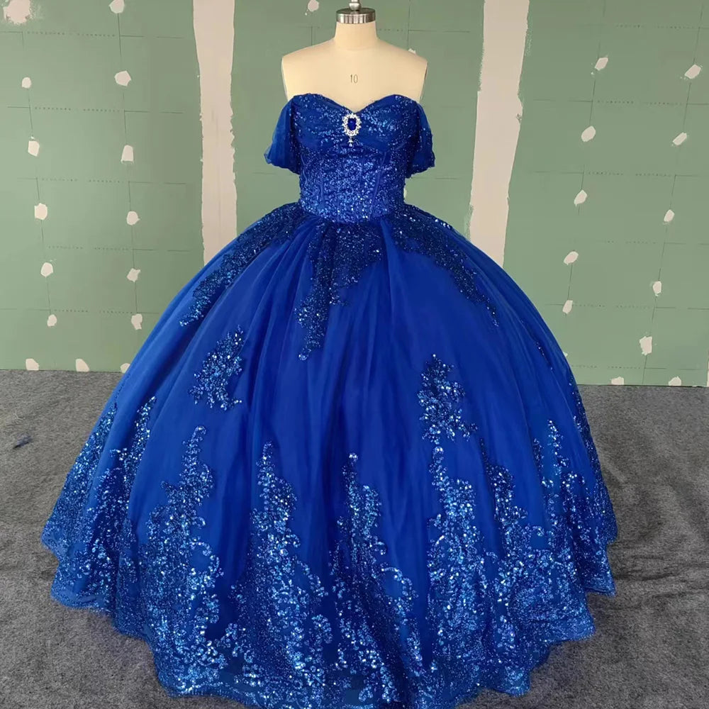 Jancember WC019 Diamond Navy Blue Lace Embroidery Puffy Quinceanera Dresses
