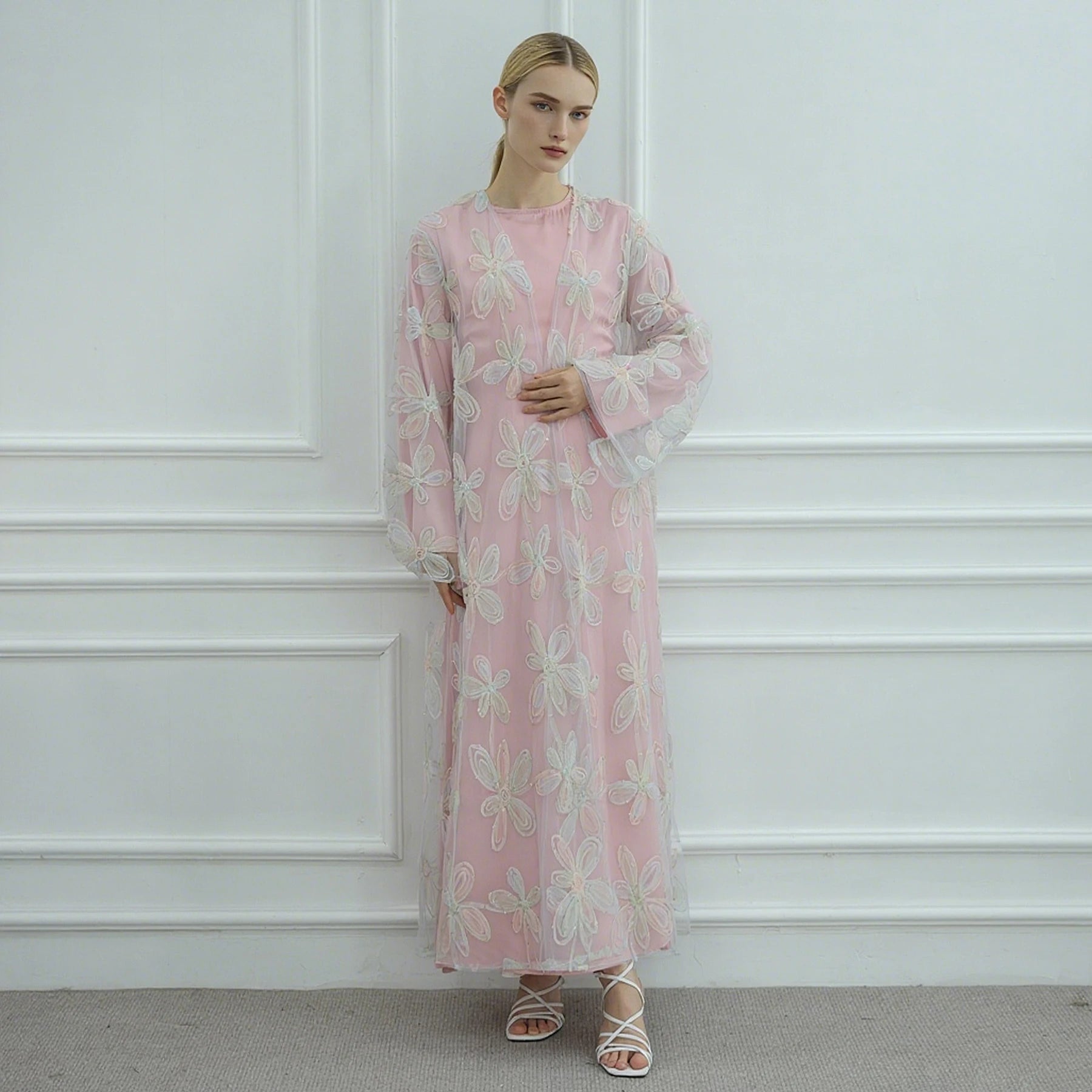 New Full Lace Floral Open Abaya Dress 2 Piece Set with Nida Abaya Muslim Fashion Women's Islamic Arabic Dress Kaftan Abaya