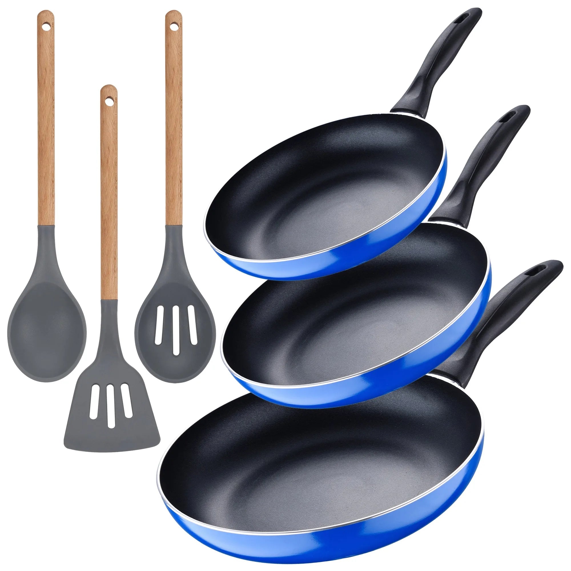 3pc frying pan set (16+20+24cm) pressed aluminum induction navy blue paradise with 3pc kitchen utensil set silicone wood