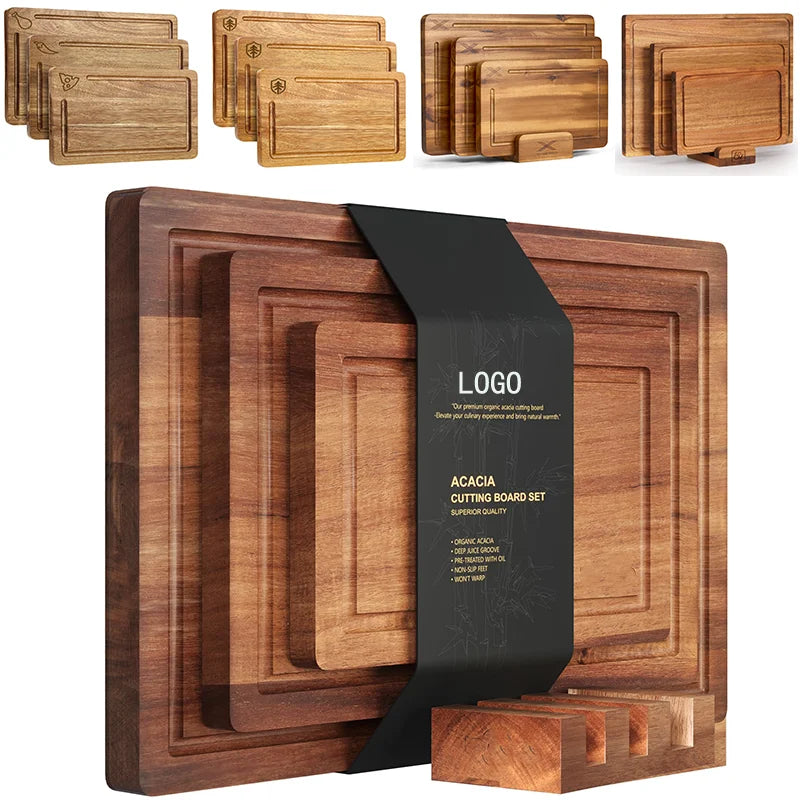 Factory Price Customized Kitchen Accessories Solid Acacia Wood Cutting Board With Juice Groove Wooden Chopping Boards Set Wooden MegaBDM
