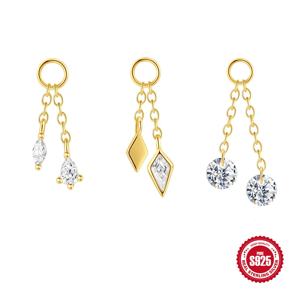 S925 Sterling Silver 18K Gold Plated Double Chain Tassel CZ Dangle Ear Cuff Cartilage Chain Piercing Earring Women Lady Girl