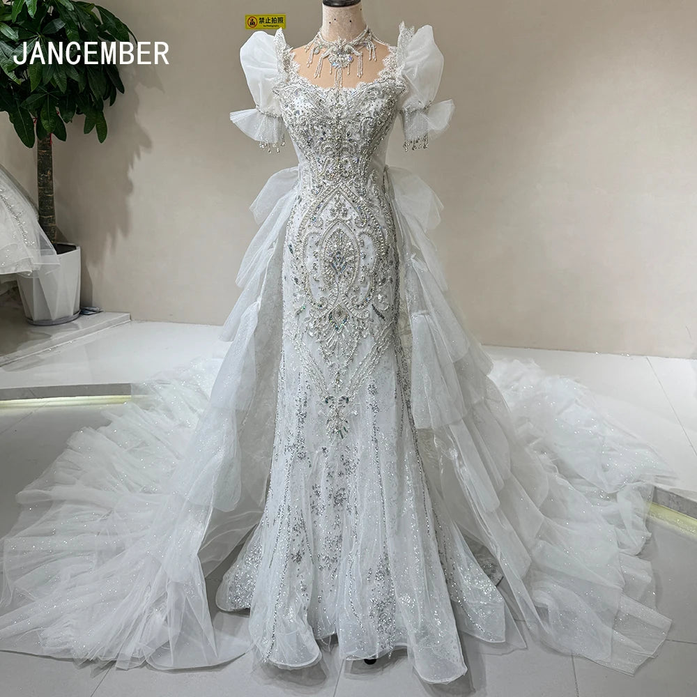 Jancember DW0006 Elegant Puff Sleeve Mermaid Evening Wedding Dresses With Train