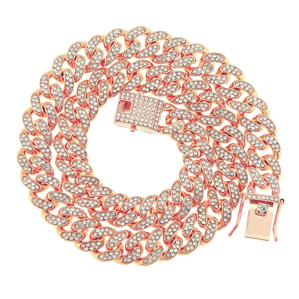 Unique Rose Gold Plated Alloy Rhinestone Men's Hiphop Fashion Chain Link Bracelet for Party Lovers