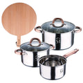 5-piece stainless steel cookware set 16/18/20 suitable for induction hobs + Bergner NATURALLY Round Beechwood Cutting Board