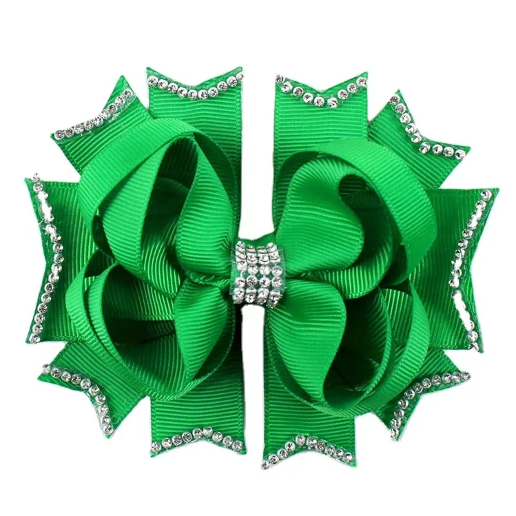 4.5inch Girls Stacked Boutique Hair Bows with Rhinestone Grosgrain Ribbon