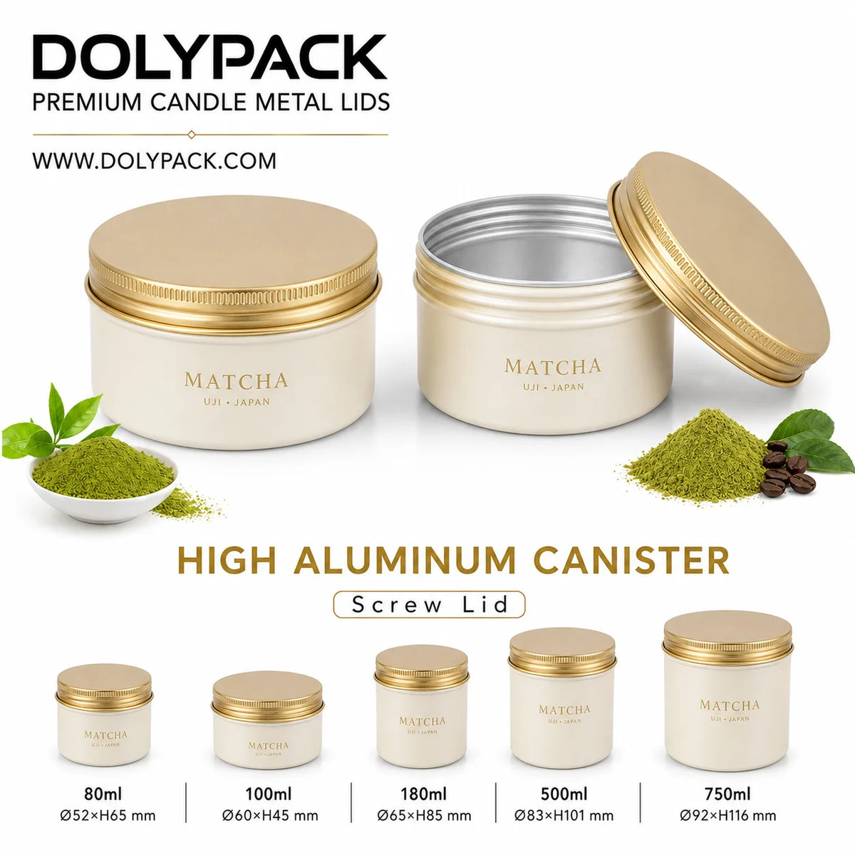 Retail Packaging aluminum tea powder canister with screw lid and ivory and gold embossed pattern artwork for matcha tea coffee MegaBDM