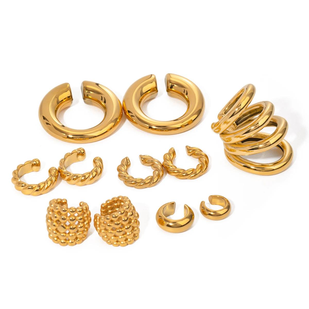 J&D Jewelry Hoop Shape Honeycomb Ear Clip Stainless Steel 18K Pvd Gold Plated Jewelry Twist Cross Earrings Set