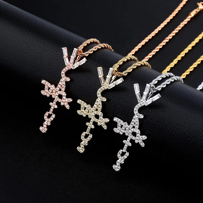 Travis Scott Cactus Jack Shape Pendant Brass Gold Plated Iced Crystal Cubic Zirconia Letter Charm Rope Chain Unisex Hip Necklace
