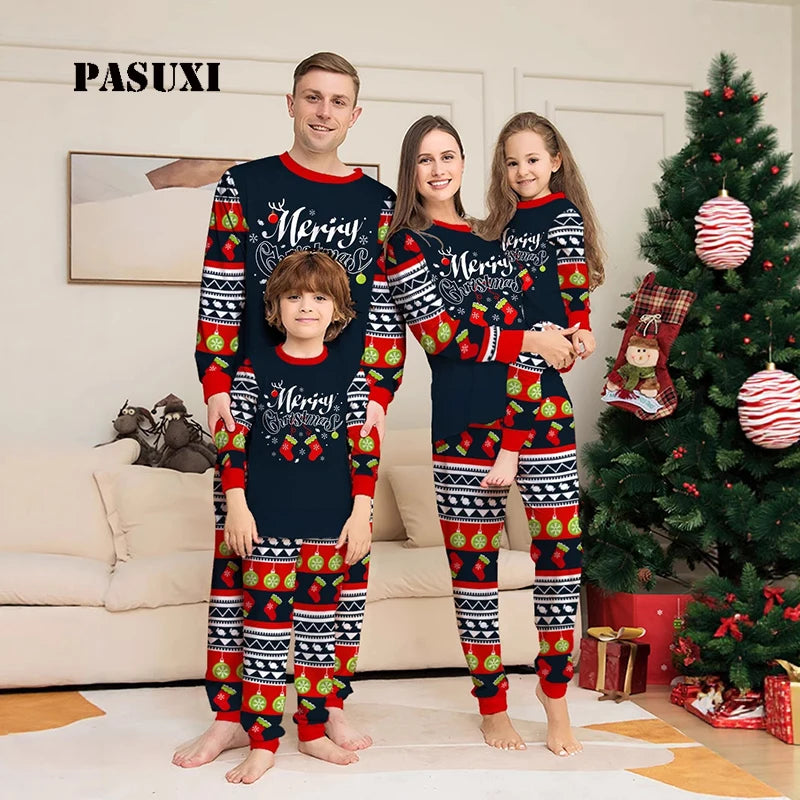 PASUXI 2025 New Family Matching Christmas Pajamas Set for Women Men Kids Babies - Cozy Fleece Holiday PJs with Letter Print