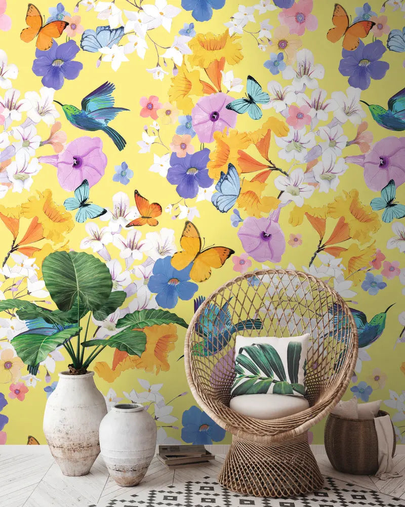 Germany Made Floral Photo Wallpaper Mural Yellow Blue White Non Woven Vinyl for Bedroom Gym Dining Highly Wash-Resistant