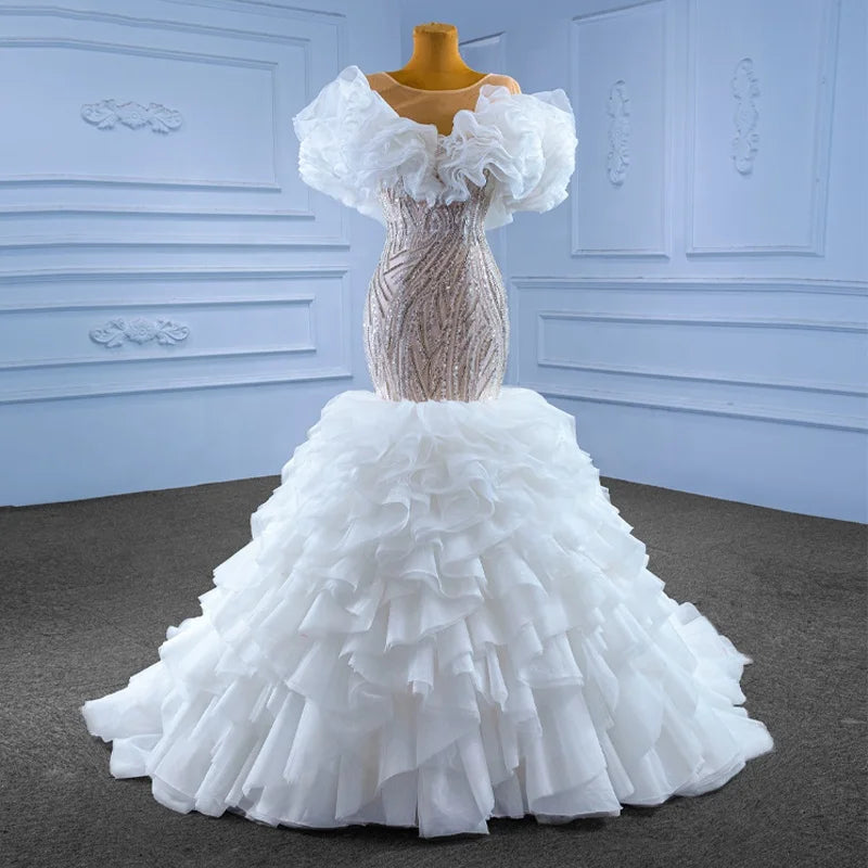 Jancember RSM67569 White Sequins Ruched Beaded Mermaid Wedding Dress
